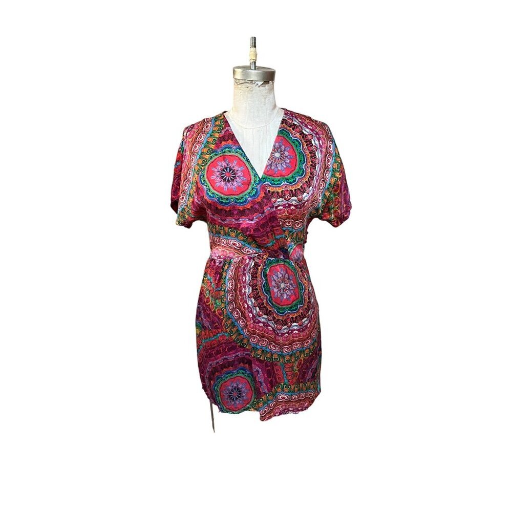 Retro 60s Caftan Tunic Dress 100% Silk Psychedelic Mandala Print Mini
